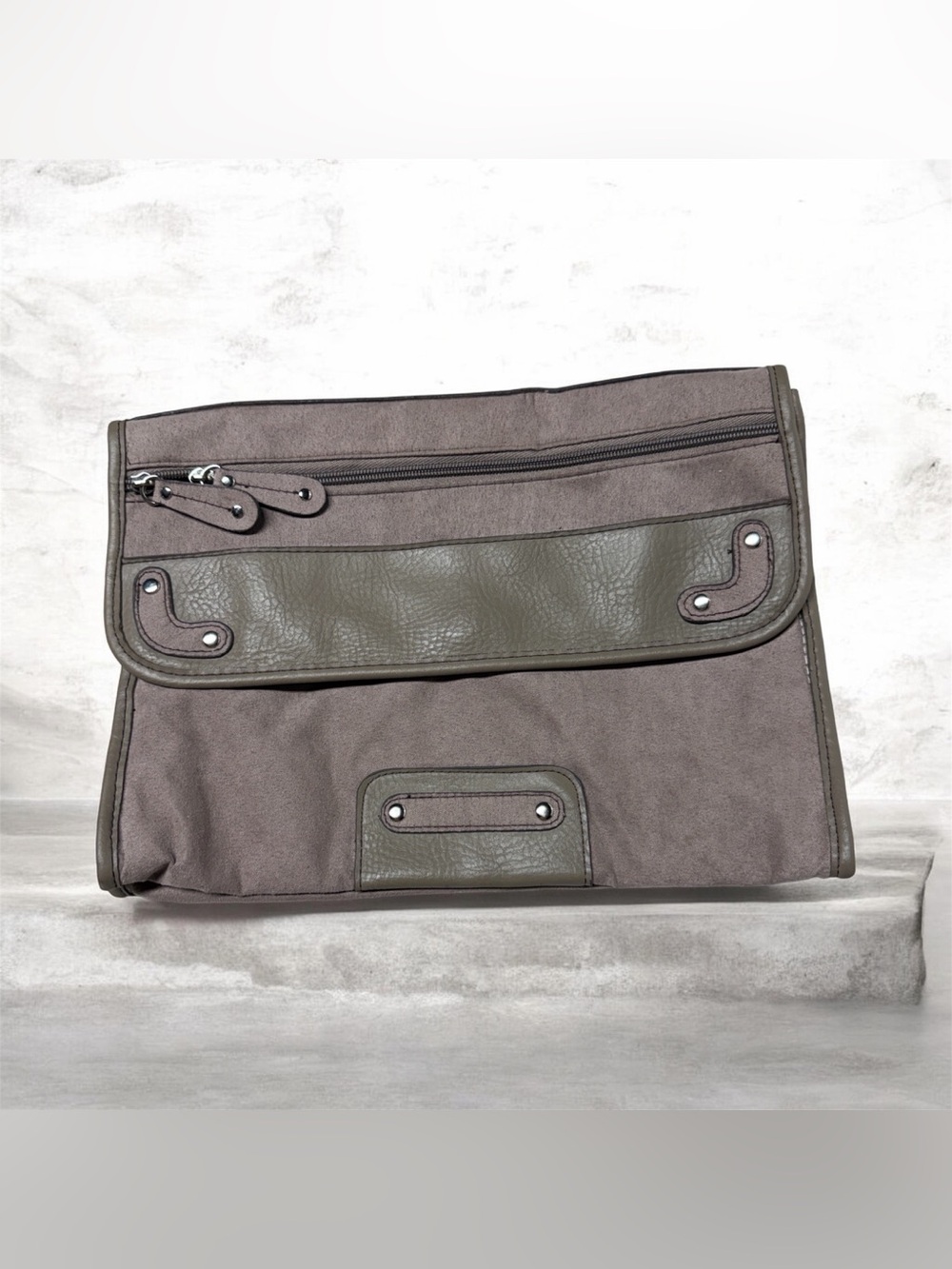 Vintage Taupe gray suede leather trim extra large clutch envelope utility vibes